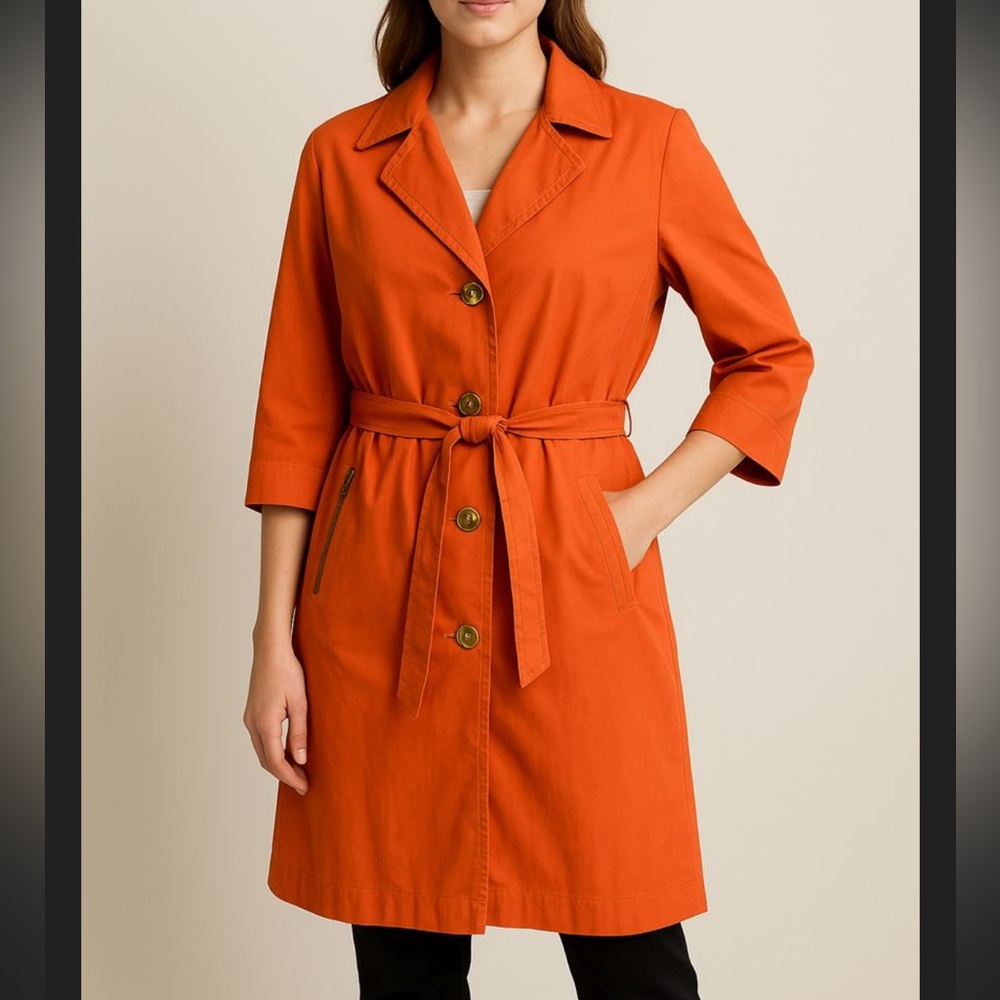 Vintage Orange Trench Coat Sherry Cassin Belted Utility Jacket Womens Size L - Picture 2 of 15
